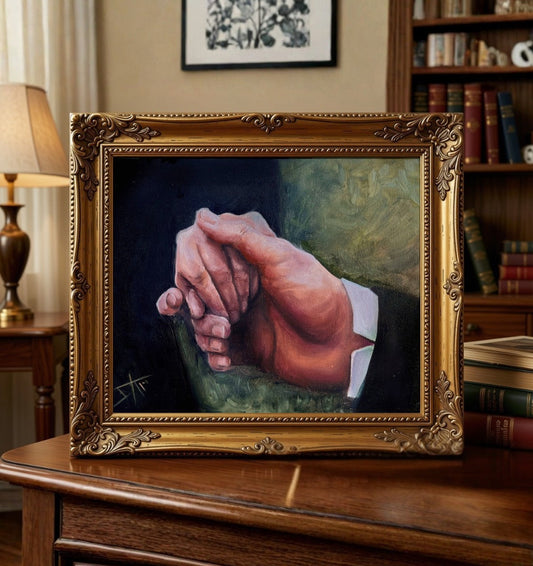 A framed portrait painting of clasped hands, displayed in an ornate gold frame on a wooden table in a warm, book-filled room.