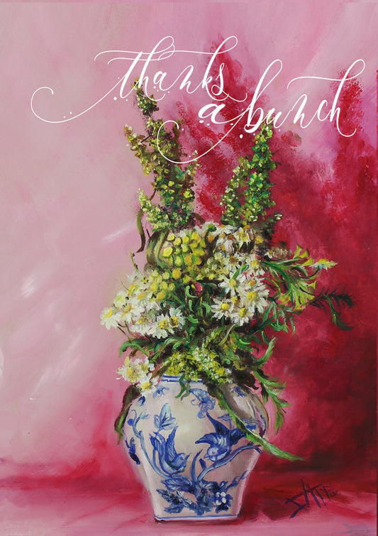 Thank You Cards of Thanks a Bunch greeting card , chinoiserie blue white vase with wild flowers greeting card by SamArtisan