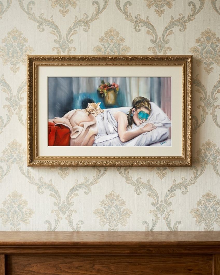A framed art print depicting a woman sleeping on a bed with a blue face mask, displayed on a patterned wallpaper wall above a wooden mantelpiece.