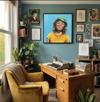 A cozy retro-themed room with a mustard yellow armchair, wooden desk, typewriter, and shelves filled with books and plants, featuring a large framed portrait of a woman in a frog hat on the teal wall.