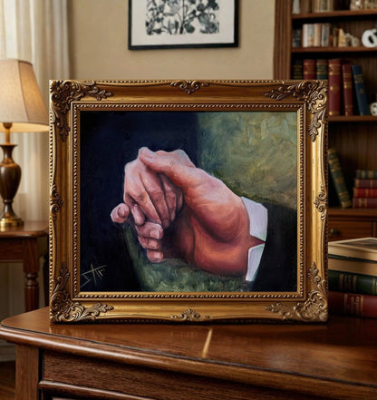 A framed portrait painting of clasped hands, displayed in an ornate gold frame on a wooden table in a warm, book-filled room.