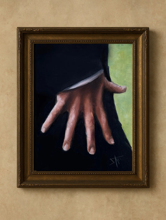 A framed painting on a textured beige wall, depicting a hand reaching out against a dark background with a light green vertical section. The artwork is housed in an ornate dark brown wooden frame.