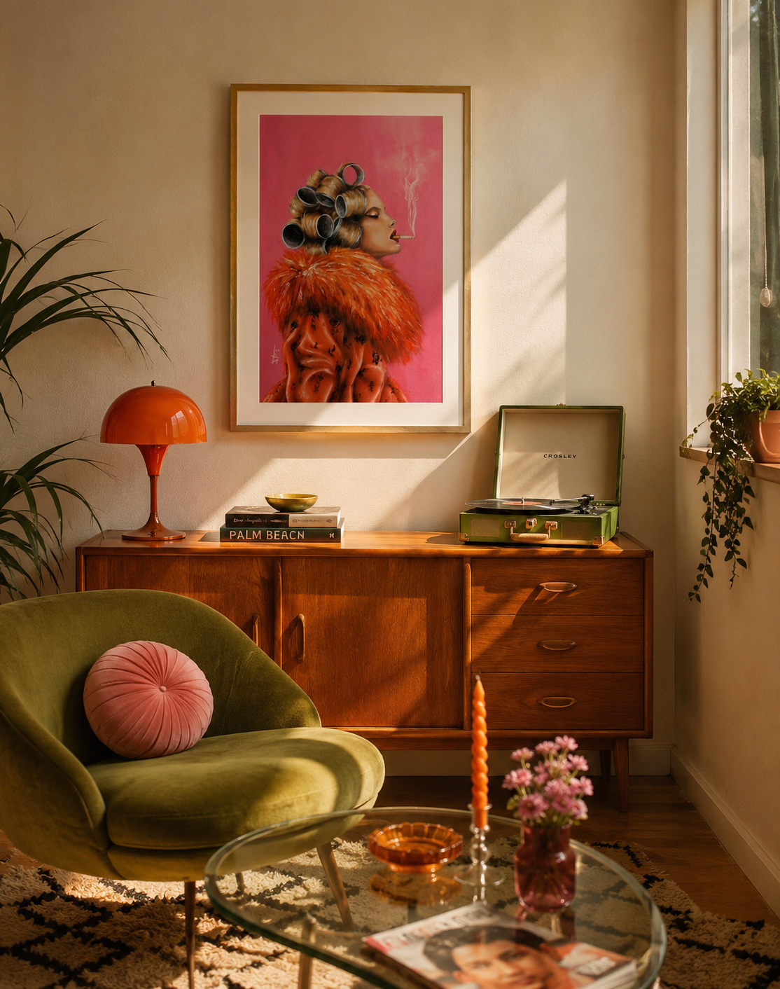 A framed art print featuring a surreal portrait of a face with a bright orange afro and a pile of books on its head, set against a pink background. The print is displayed on a beige wall above a mid-century modern wooden credenza in a beautifully styled living room with a green velvet armchair, a terracotta lamp, and a glass coffee table.