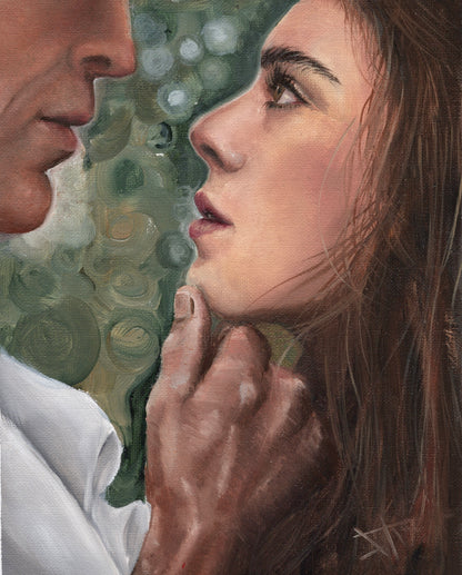 A close-up painted portrait of a woman in profile with a man's lower face and hand touching her chin, rendered in soft brushstrokes of brown, beige, green, and white.