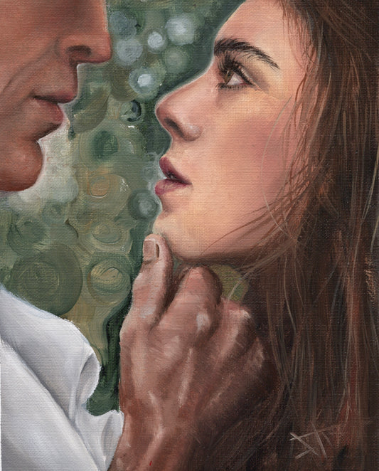 A close-up painted portrait of a woman in profile with a man's lower face and hand touching her chin, rendered in soft brushstrokes of brown, beige, green, and white.
