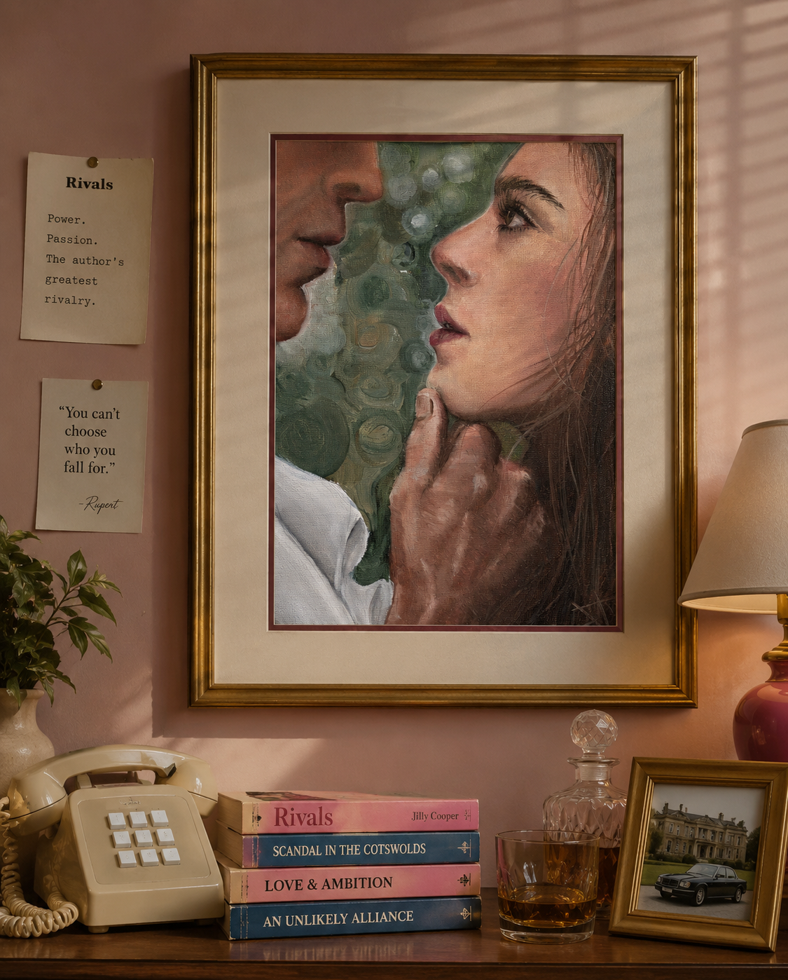 A framed art print depicting a close-up portrait of a man and woman facing each other, hung on a wall above a shelf with books, a telephone, and a lamp.