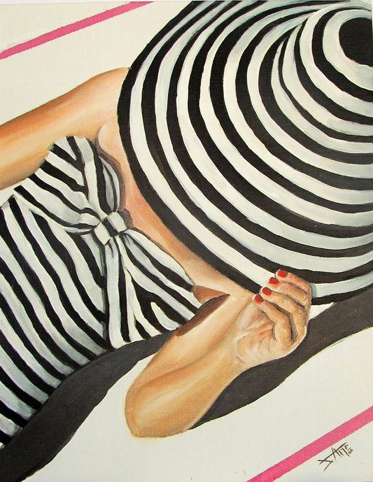 Retro bathing beaut art Print , Mid century modern , black white stripes female swim fashion kate spade inspired
