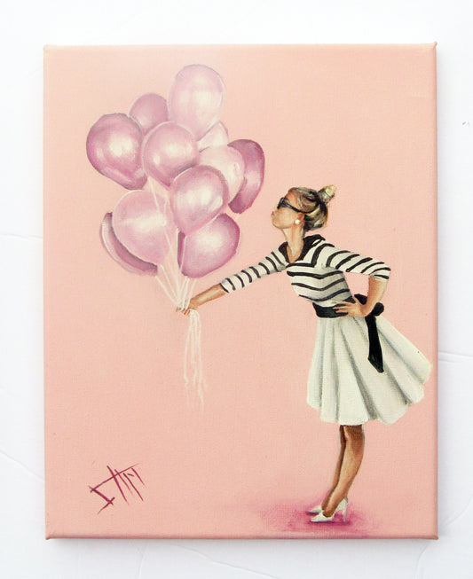 Print from original oil painting 8x10 pink bubble gum vintage style woman art holding balloons