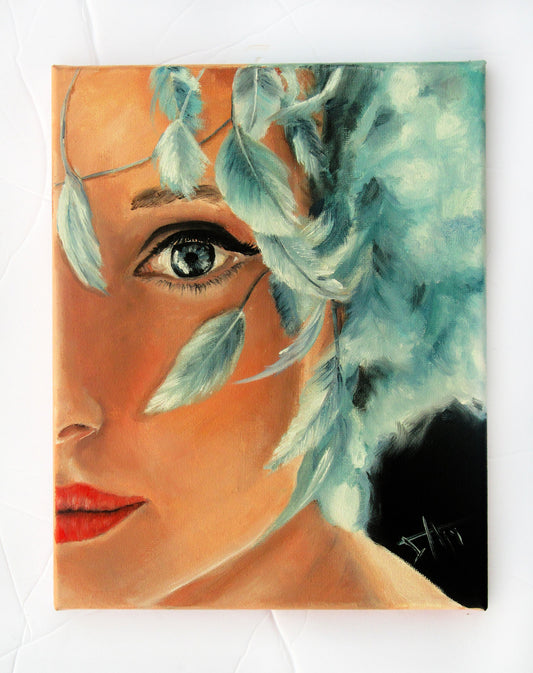 Audrey Hepburn art print , blue feather hat 10x8"