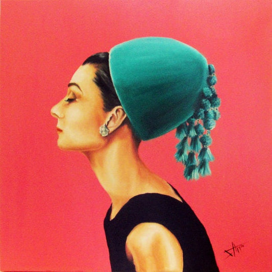 Audrey Hepburn in green hat art print 8x10"