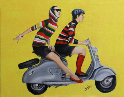 Digital Prints of Mid Century Modern Retro Vespa Girls Art Print by SamArtisan