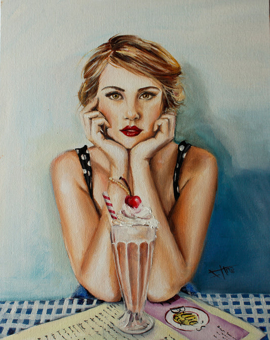 Vintage wall art portrait inspired art print , Waiting for summer ,retro girl in soda shoppe retro vibe art ,