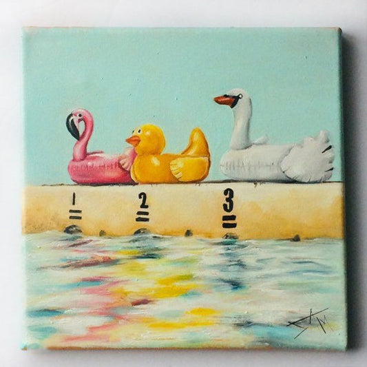 Summer art print from Original Oil Painting , Floatie Race by the swimming pool 8x8