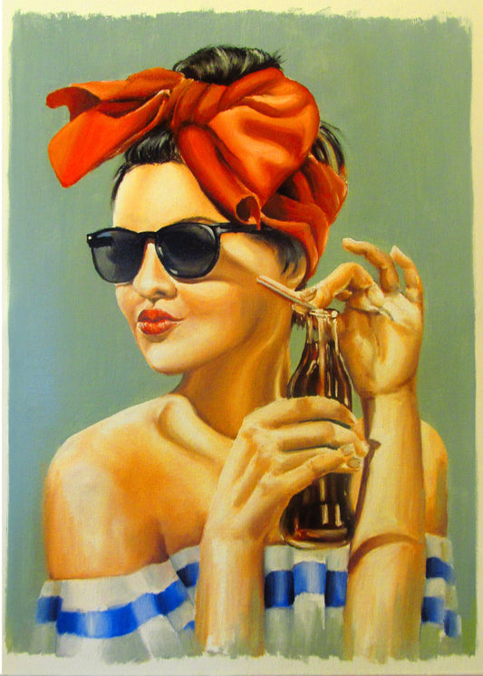 Mid century modern art print,Sunkissed portrait ,vintage style art print retro girl in pin up style