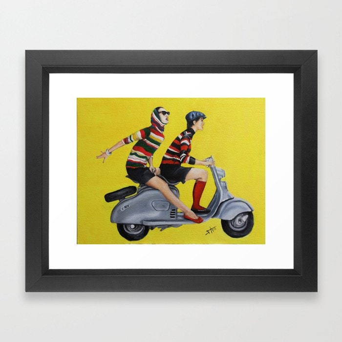 Mid century modern Art Print  | Vogue art print| Retro girls on vespa / scooter | Ride Away