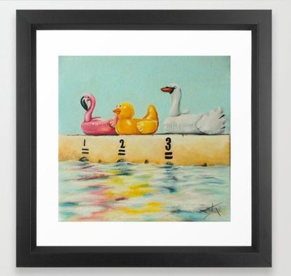 Digital Prints of Summer art print from Original Oil Painting , Floatie Race by the swimming pool 8x8 by SamArtisan