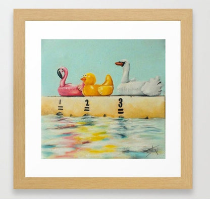 Digital Prints of Summer art print from Original Oil Painting , Floatie Race by the swimming pool 8x8 by SamArtisan