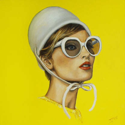 Digital Prints of Retro art print of 60's portrait ,illuminating yellow art , inspired from Audrey Hepburn style by SamArtisan