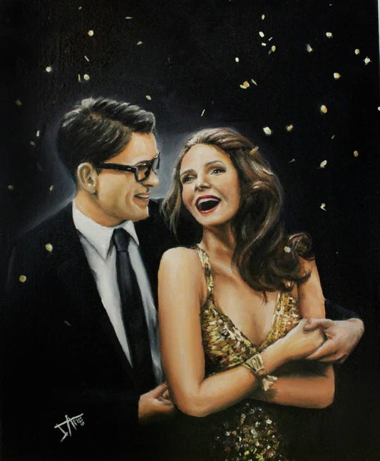 Retro couple original painting on canvas board ,vintage couple twirl , Kate spade style home decor mid century wall art