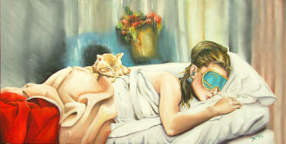 Digital Prints of Audrey Hepburn art print Breakfast at Tiffany's Holly Golightly sleeping with eye mask and cat,bedroom wall art by SamArtisan