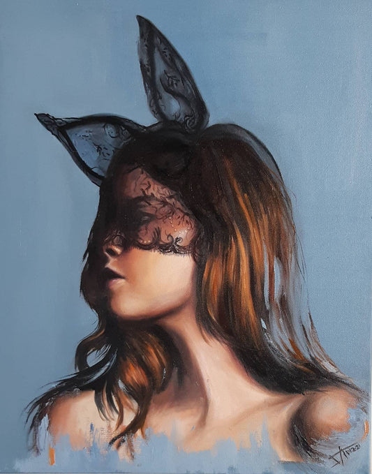 Portrait of Woman in black lace bunny mask | bedroom wall art print