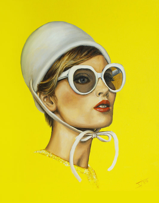 Retro art print of 60's portrait ,illuminating yellow art , inspired from Audrey Hepburn style