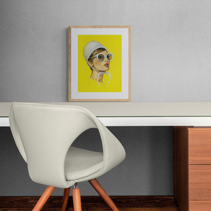 Digital Prints of Retro art print of 60's portrait ,illuminating yellow art , inspired from Audrey Hepburn style by SamArtisan