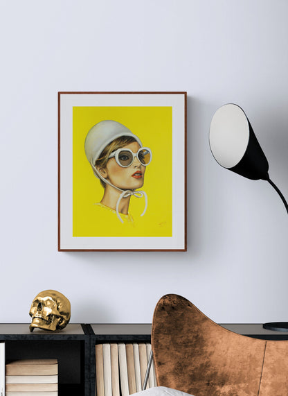 Digital Prints of Retro art print of 60's portrait ,illuminating yellow art , inspired from Audrey Hepburn style by SamArtisan