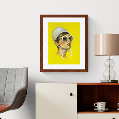 Digital Prints of Retro art print of 60's portrait ,illuminating yellow art , inspired from Audrey Hepburn style by SamArtisan