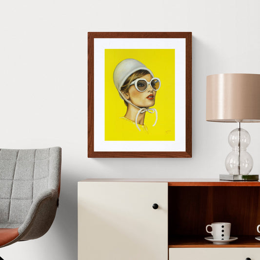 Digital Prints of Retro art print of 60's portrait ,illuminating yellow art , inspired from Audrey Hepburn style by SamArtisan