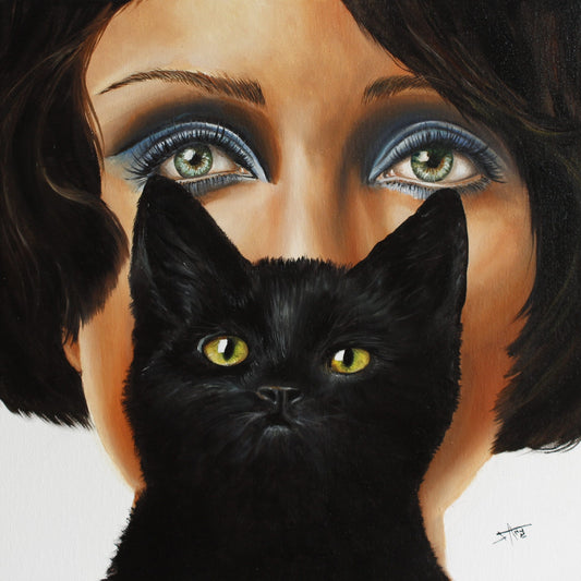 Mid century modern fine art inspired from Bastet the Egyptian goddess | Woman with a black cat fine Art print | Chat noir