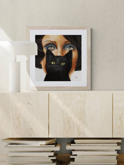 Digital Prints of Mid century modern fine art inspired from Bastet the Egyptian goddess | Woman with a black cat fine Art print | Chat noir by SamArtisan