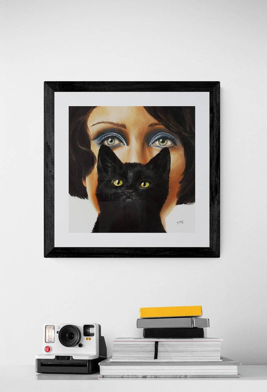Digital Prints of Mid century modern fine art inspired from Bastet the Egyptian goddess | Woman with a black cat fine Art print | Chat noir by SamArtisan