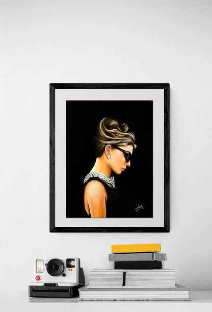 Giclée of Audrey Hepburn fine art print from original oil painting portrait ,Breakfast at tiffany's in little black dress by SamArtisan