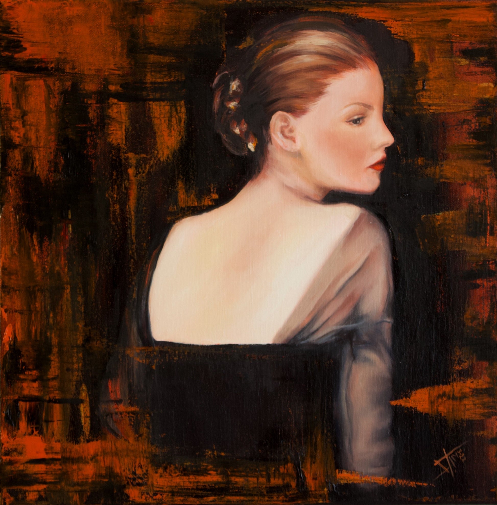 Painting of woman with bun hair updo from the back