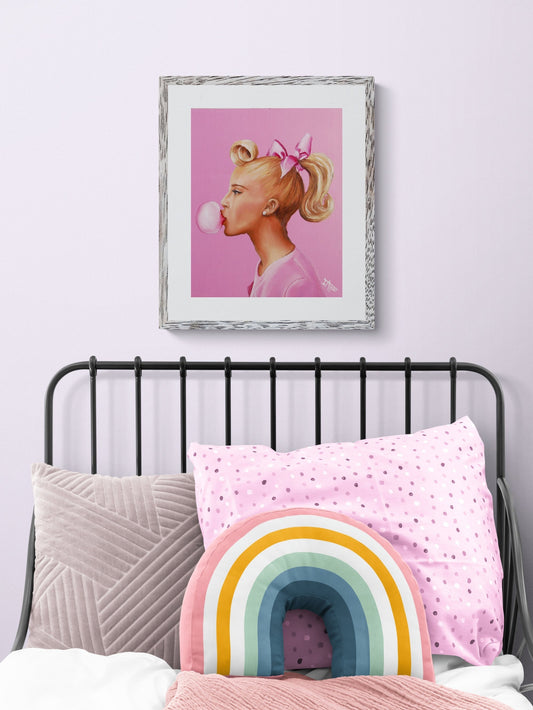 Pretty in pink bow coquette signed Art print from original oil painting | pink bubble gum | Magenta pink