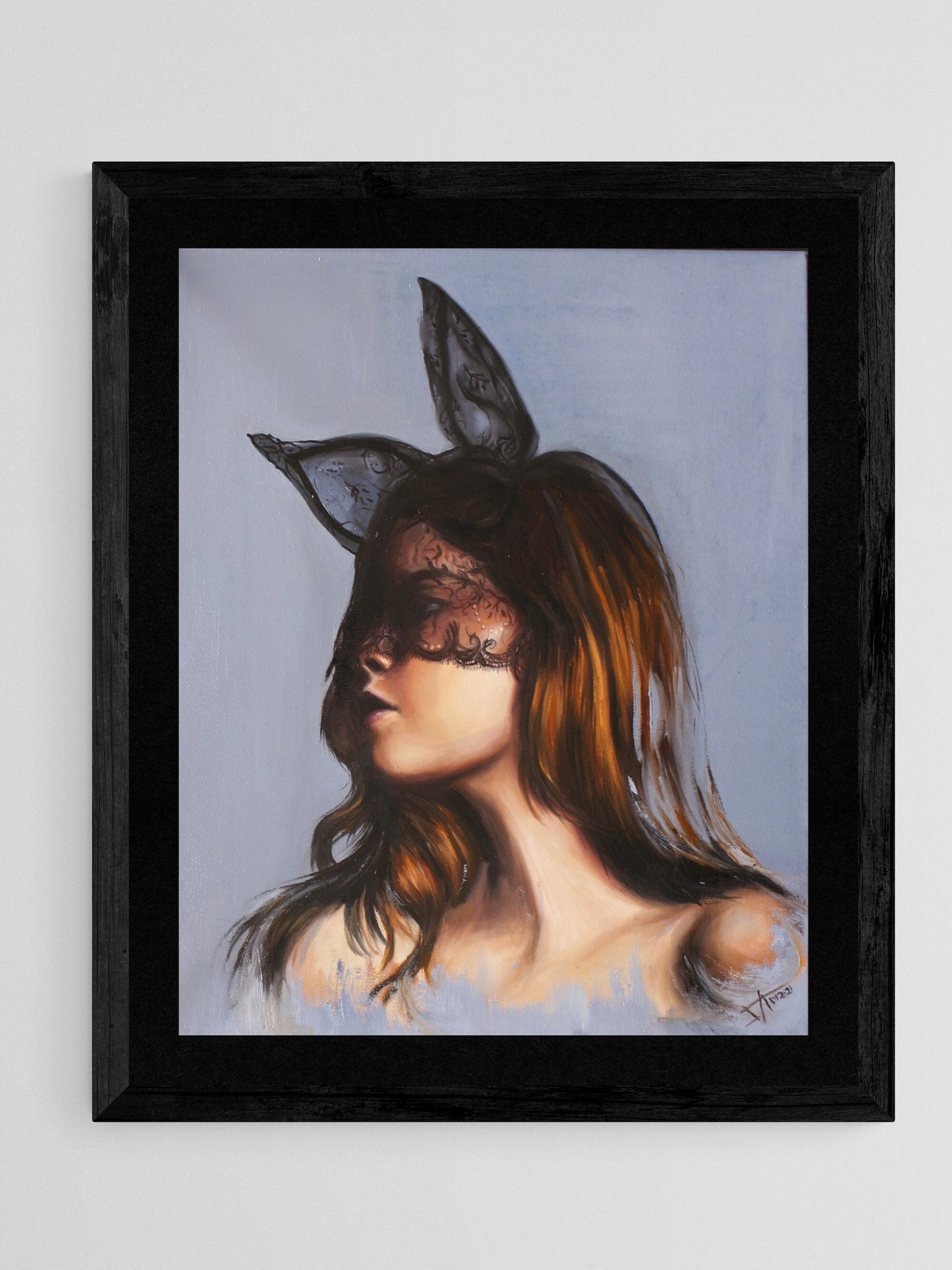 Portrait of Woman in black lace bunny mask | bedroom wall art print