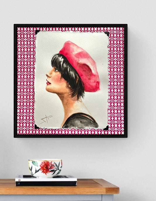 Mademoiselle de Paris,Original hand painted wantercolor portrait of French girl