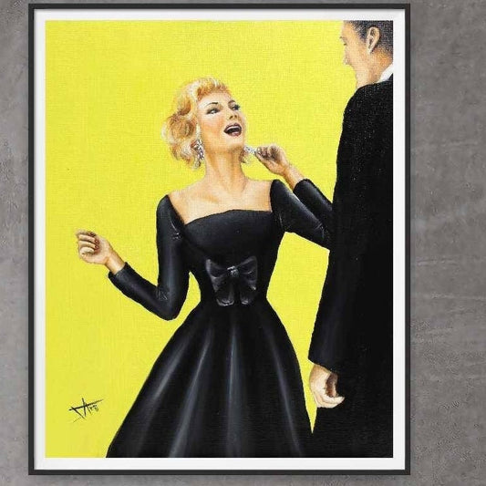 Vintage inspired Art print , retro glamour girl "Life of the party " in black dress on chartreuse background couple art