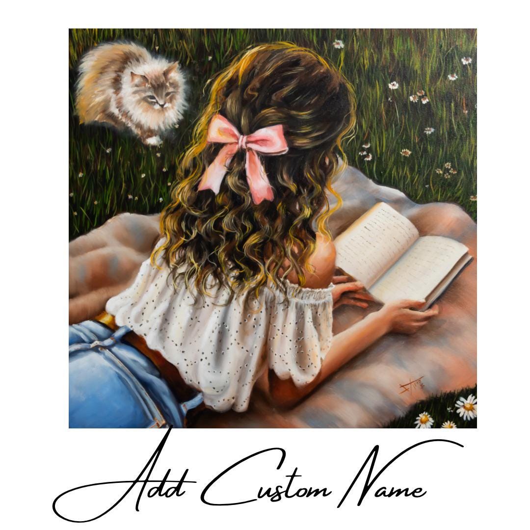 Custom Art Gift for Girls: Book and Cat Lovers